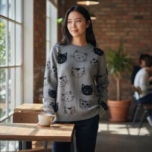 Anthropologie Calligraphie Cat Face Sweater